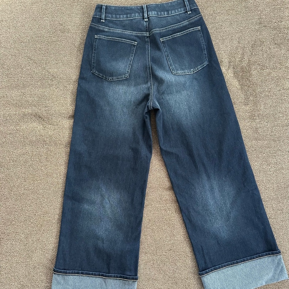 Halara -Wide-Leg Blue Jeans High Waisted Multiple Pockets Rolled Hem - - Picture 3 of 3